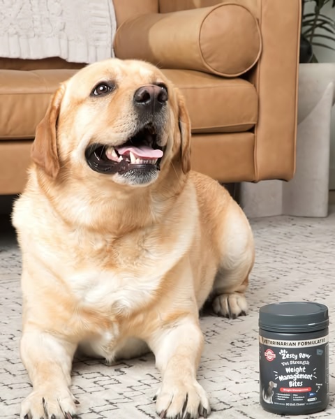 A high-quality product hero shot featuring a friendly dog next to a container of weight management bites, focusing on brand authority and trust.